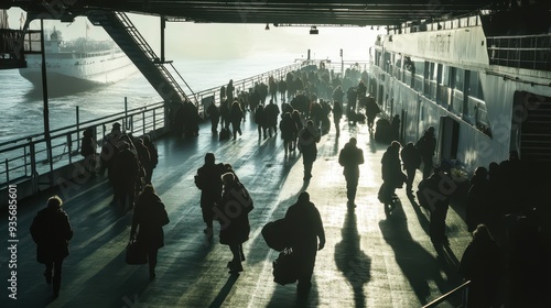 Crowds of travelers wait in line to board a ferry at the terminal, creating a striking silhouette against the early morning light