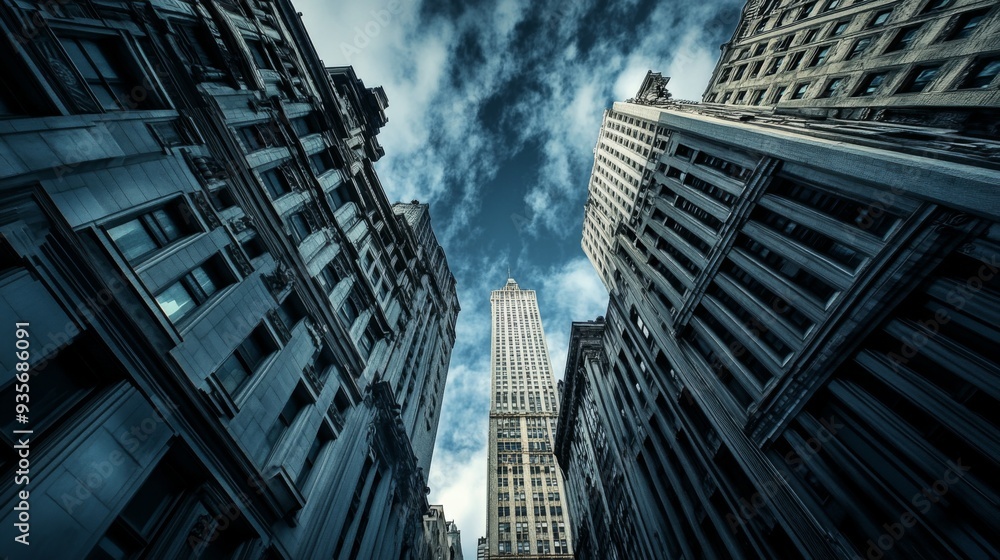 Naklejka premium A low-angle view of tall buildings in a city with a cloudy sky overhead.