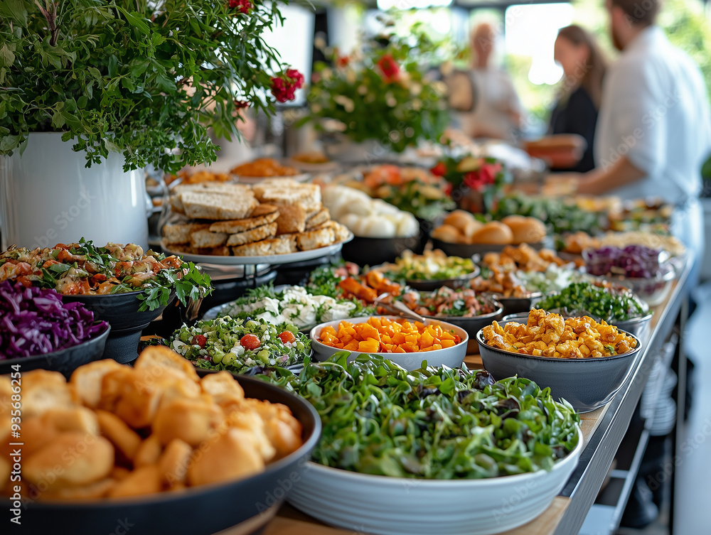 Diverse buffet spread with various dishes at a vibrant event during daytime Diverse buffet spread with various dishes at a vibrant event during daytime