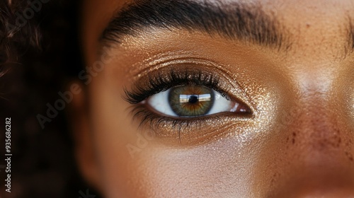 A detailed view of a woman's eye showcasing natural beauty, with warm golden hues and defined lashes in soft lighting.