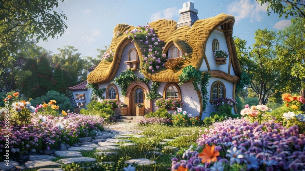 Obraz premium Charming Cottage with Flower Garden.