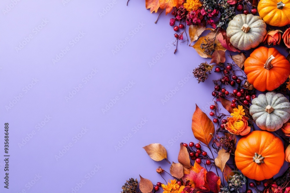 Autumnal Pumpkins, Berries, and Leaves on Purple Background Autumnal Pumpkins, Berries, and Leaves on Purple Background