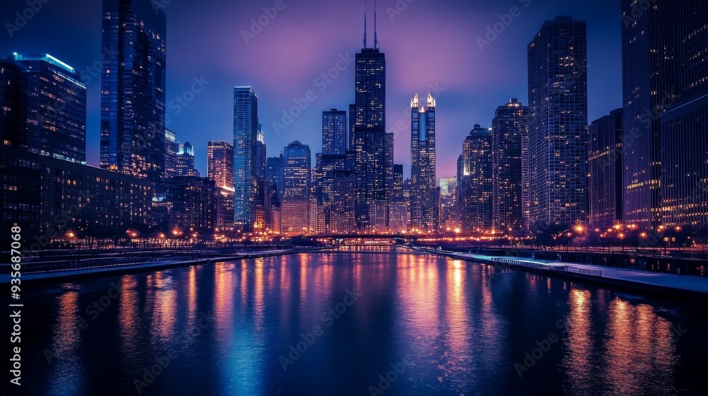 Fototapeta premium A vibrant city skyline at dusk with tall skyscrapers reflected in a calm river.