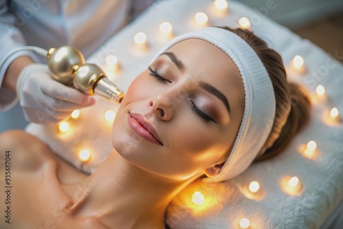 Soft, glowing lights envelop a serene, relaxed facial structure, emphasizing rejuvenated skin, as a modern aesthetic treatment device illuminates the surrounding atmosphere. photo