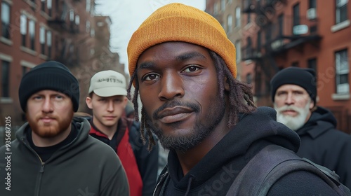 A young Black man with dreadlocks and a bright orange beanie stares intently at the camera, standing with a group of friends in a city neighborhood.