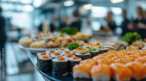 A vibrant sushi platter featuring assorted rolls, garnishes, and appetizers at a lively networking event in a modern venue photo