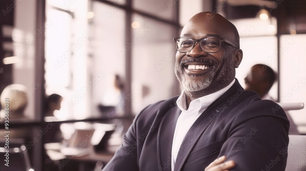 Retro Confident businessman smiling in a modern office, showcasing professionalism and positivity in a corporate environment. Retro Confident businessman smiling in a modern office, showcasing professionalism and positivity in a corporate environment.