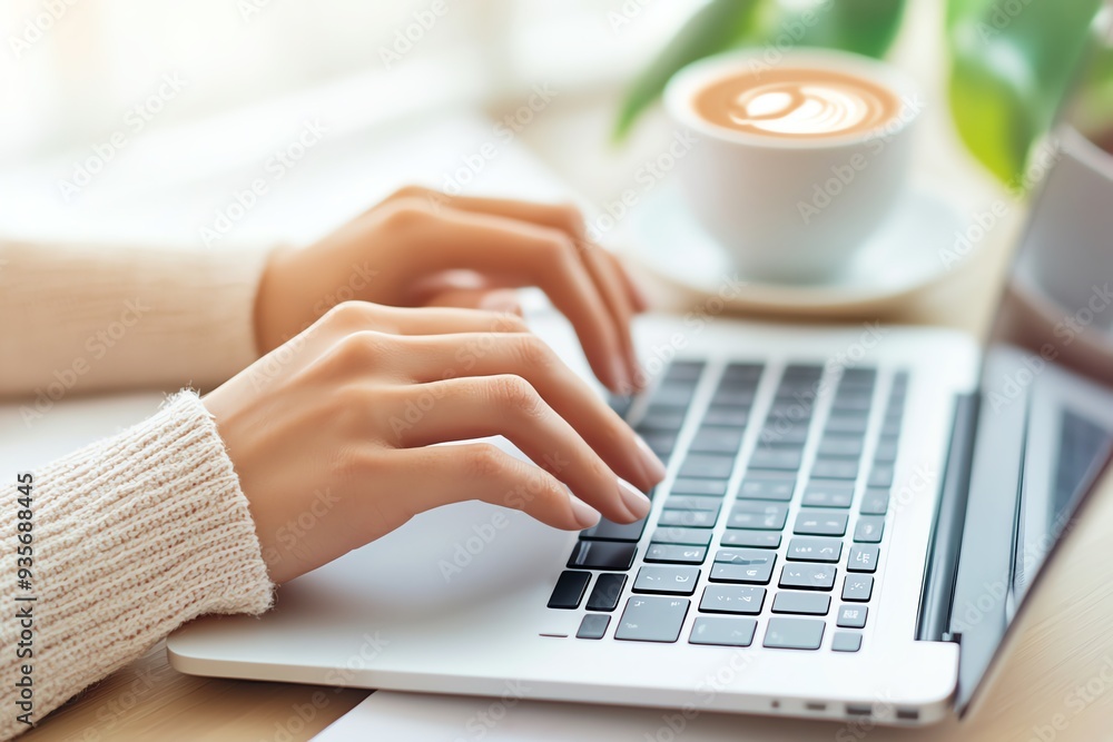 A cozy workspace featuring a laptop, coffee, and hands typing, perfect for illustrating productivity, comfort, and creativity. A cozy workspace featuring a laptop, coffee, and hands typing, perfect for illustrating productivity, comfort, and creativity.