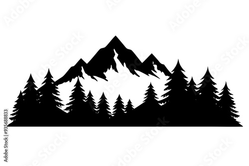 Forest Silhouette with Distant Mountain Range – Black and White Vector Illustration