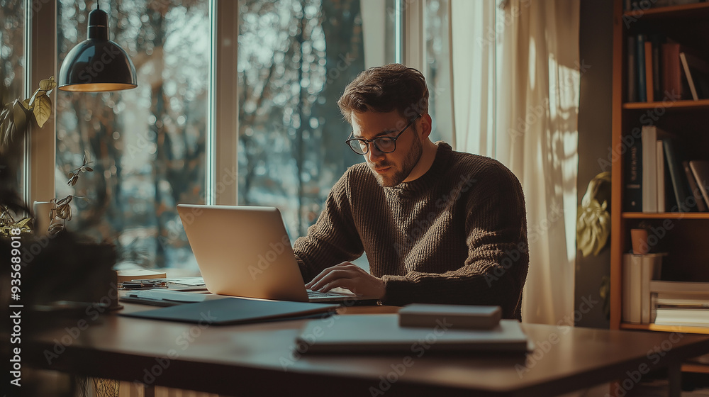 Focused young man working on a laptop in a cozy, well-lit home office. The image emphasizes concentration, remote work, and a productive environment. Focused young man working on a laptop in a cozy, well-lit home office. The image emphasizes concentration, remote work, and a productive environment.