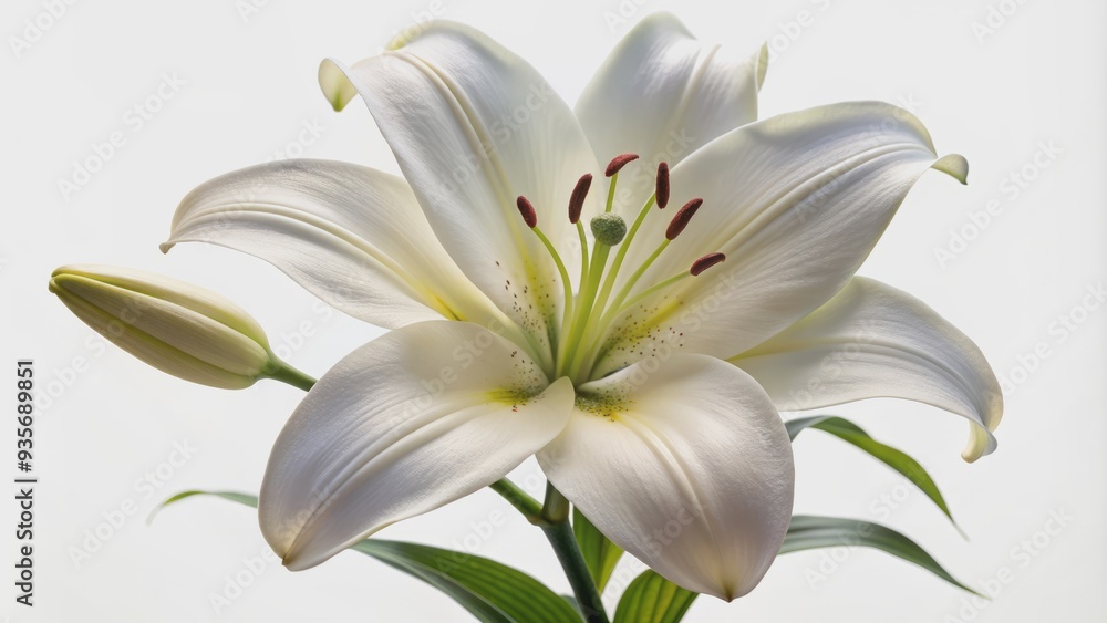 Delicate white lily petals gently curve outward, showcasing intricate details and soft, velvety texture against a pure, isolated, and distraction-free white background. Delicate white lily petals gently curve outward, showcasing intricate details and soft, velvety texture against a pure, isolated, and distraction-free white background.