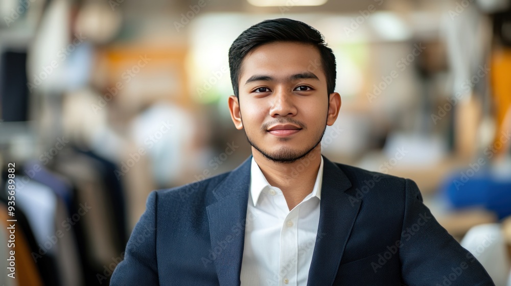 A young man in a dark blue suit and white shirt looks directly at the camera in an office setting. A young man in a dark blue suit and white shirt looks directly at the camera in an office setting.