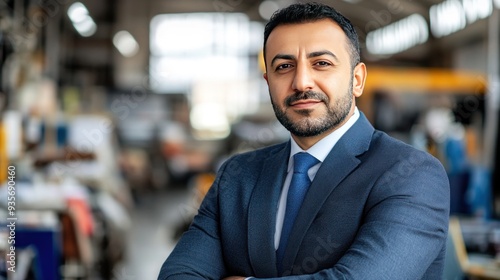 Confident businessman with arms crossed in a factory setting.