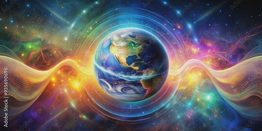 Fototapeta premium Surreal illustration of cosmic waves radiating from a glowing globe, surrounded by vibrant colors, symbolizing unity and interconnectedness with the universe.