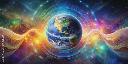 Fototapeta Naklejka Na Ścianę i Meble -  Surreal illustration of cosmic waves radiating from a glowing globe, surrounded by vibrant colors, symbolizing unity and interconnectedness with the universe.