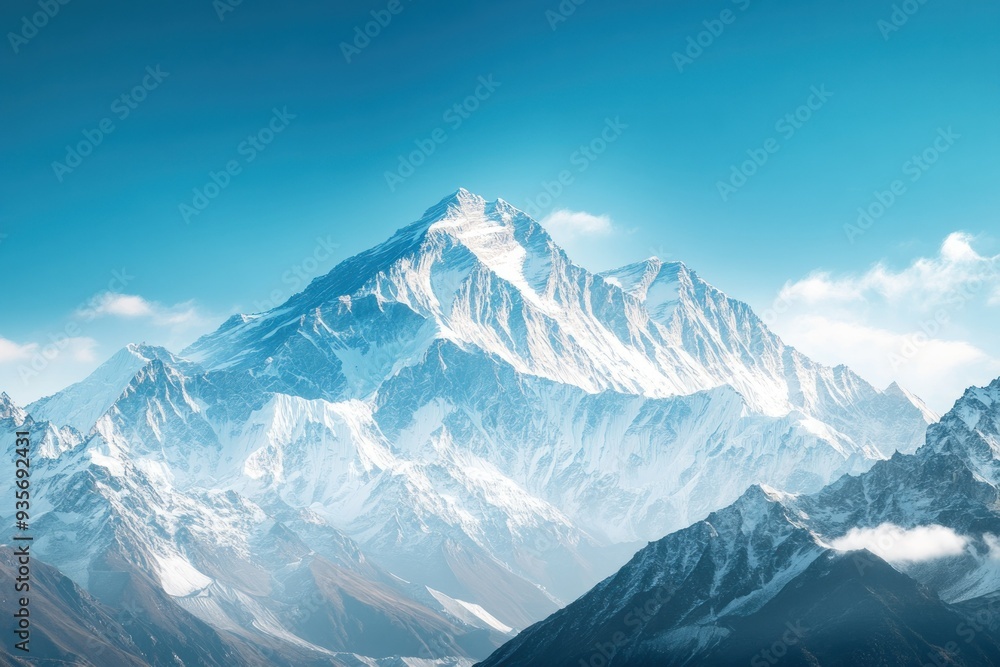 Fototapeta premium Snow-capped Mountain Peak with Clear Blue Sky and Clouds