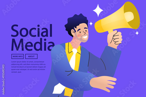 Businessman use megaphone and mobile phone. Refer a friend concept banner. Digital marketing strategy. employee talk on video call on smartphone 