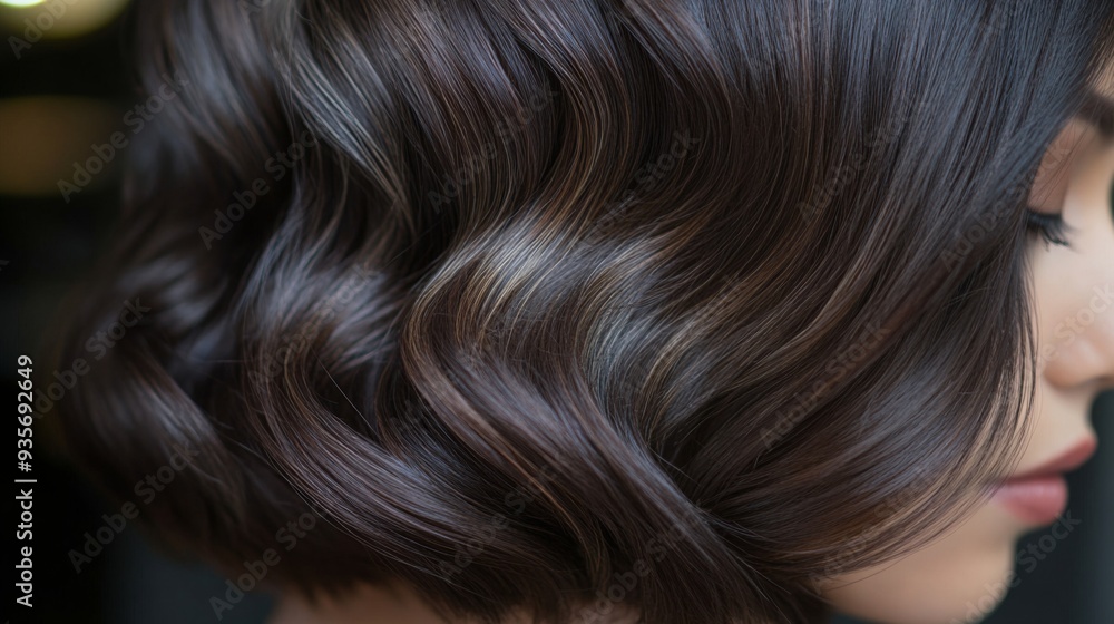 A model displays a short, wavy bob hairstyle featuring rich brown tones, highlighted in soft light for an elegant look. A model displays a short, wavy bob hairstyle featuring rich brown tones, highlighted in soft light for an elegant look.