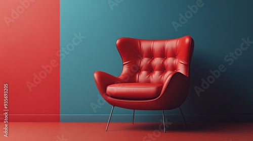 A red leather chair sits in front of a blue wall photo