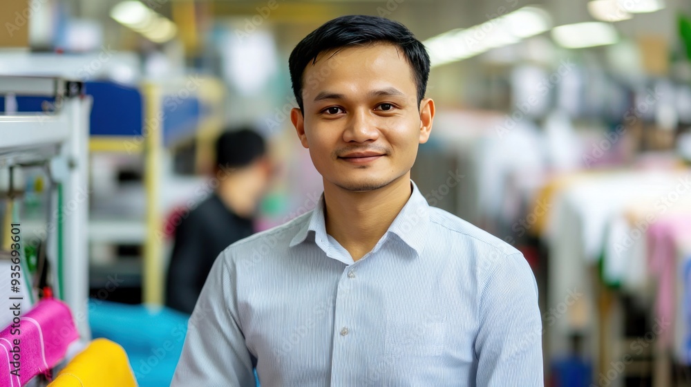 Fototapeta premium A young man in a blue striped shirt is smiling into the camera. He is standing in a factory setting with blurred background of machinery and fabric.