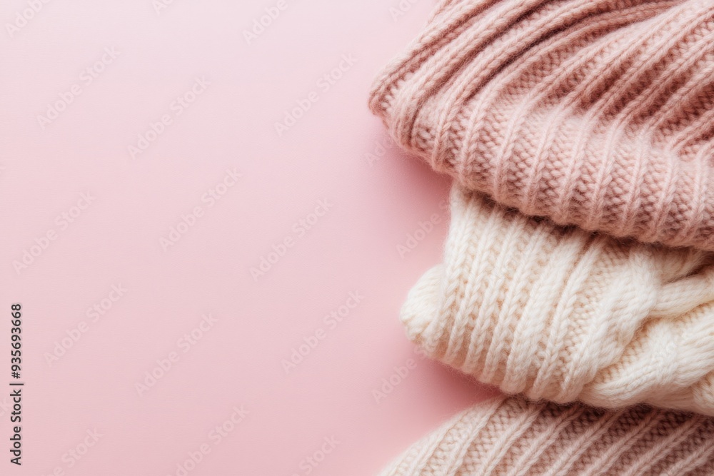 Stacked Knitted Fabric on a Pink Background Stacked Knitted Fabric on a Pink Background