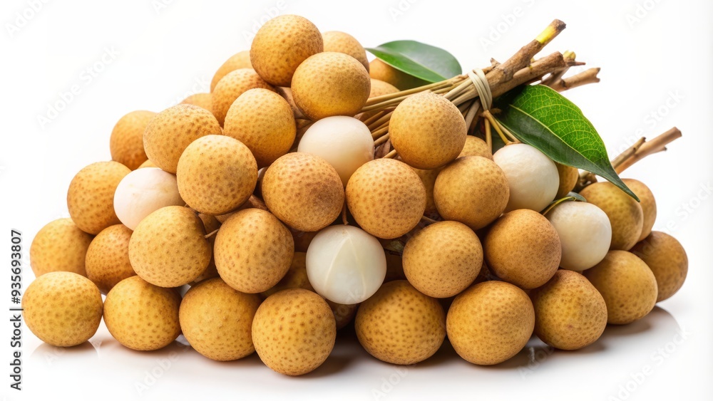Freshly harvested bunch of longan fruit isolated on a clean white background, showcasing the translucent skin and juicy pulp of each delicate orb. Freshly harvested bunch of longan fruit isolated on a clean white background, showcasing the translucent skin and juicy pulp of each delicate orb.