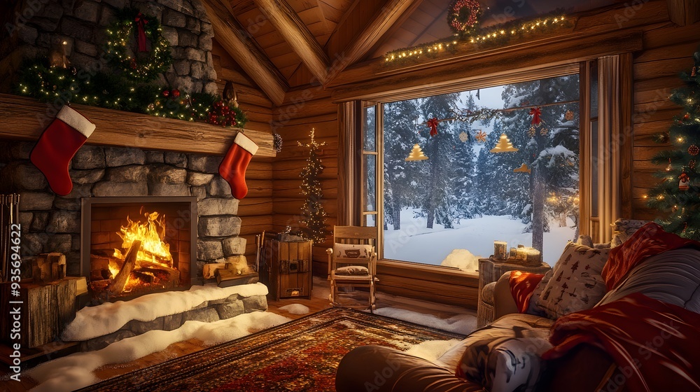 93. A cozy cabin interior with a warm fire, holiday decorations, and snow visible through the window 93. A cozy cabin interior with a warm fire, holiday decorations, and snow visible through the window