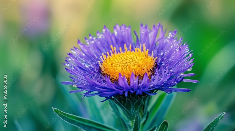 Obraz premium A close-up of Serratula coronata shows spiky purple petals and a yellow center, framed by lush green leaves.