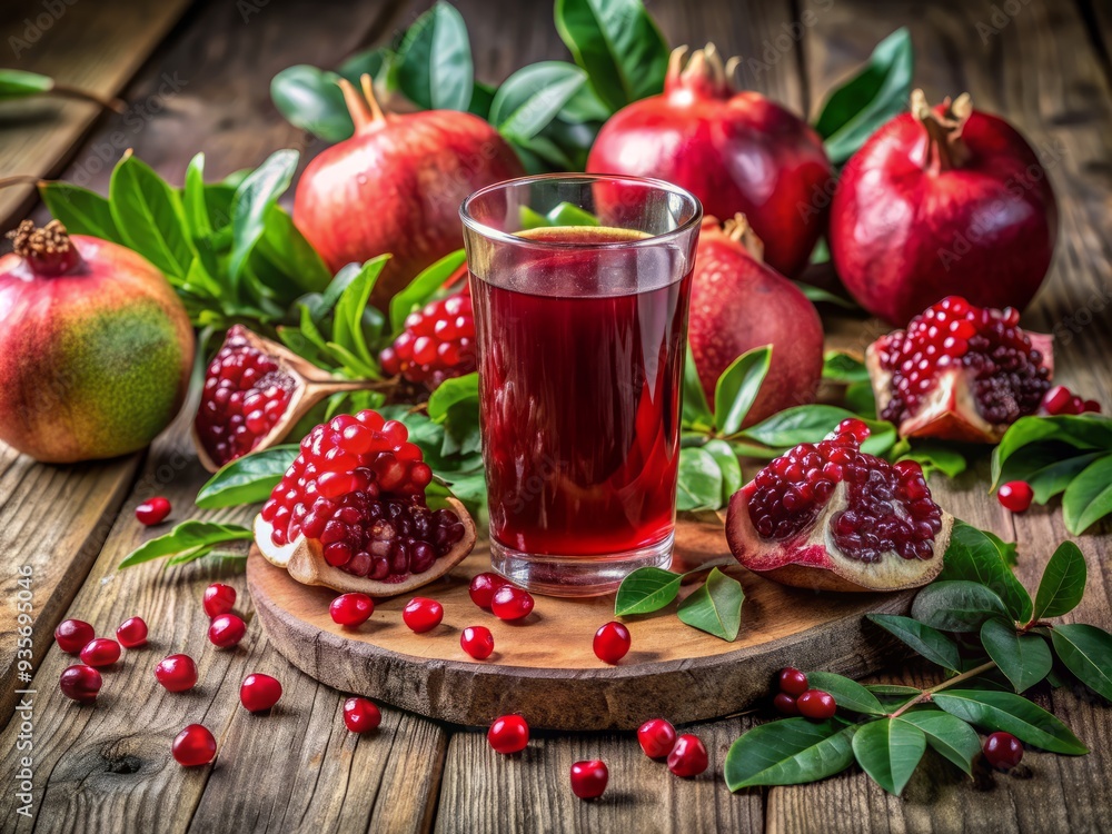 Vibrant still life of refreshing pomegranate juice with fresh fruits arranged on a rustic wooden table, surrounded by lush green pomegranate plant leaves. Vibrant still life of refreshing pomegranate juice with fresh fruits arranged on a rustic wooden table, surrounded by lush green pomegranate plant leaves.