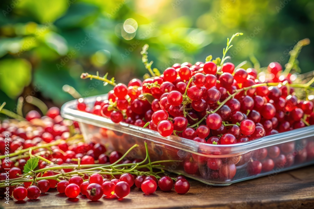 Freshly harvested red currants overflow a clean plastic tray, providing ample copy space, against a soft focus background, evoking a sense of summer abundance and freshness. Freshly harvested red currants overflow a clean plastic tray, providing ample copy space, against a soft focus background, evoking a sense of summer abundance and freshness.