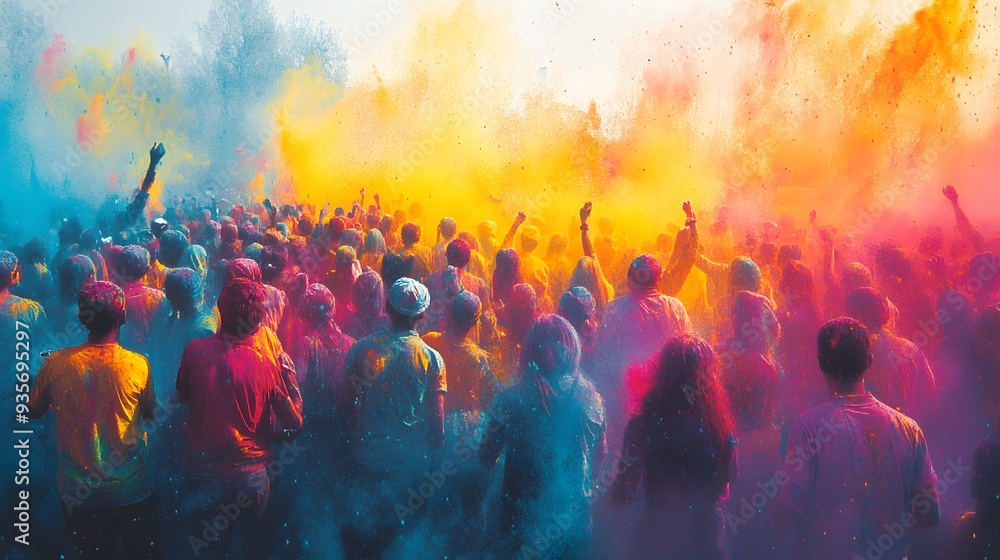 94. A vibrant and colorful Holi festival scene with people covered in bright powders 94. A vibrant and colorful Holi festival scene with people covered in bright powders