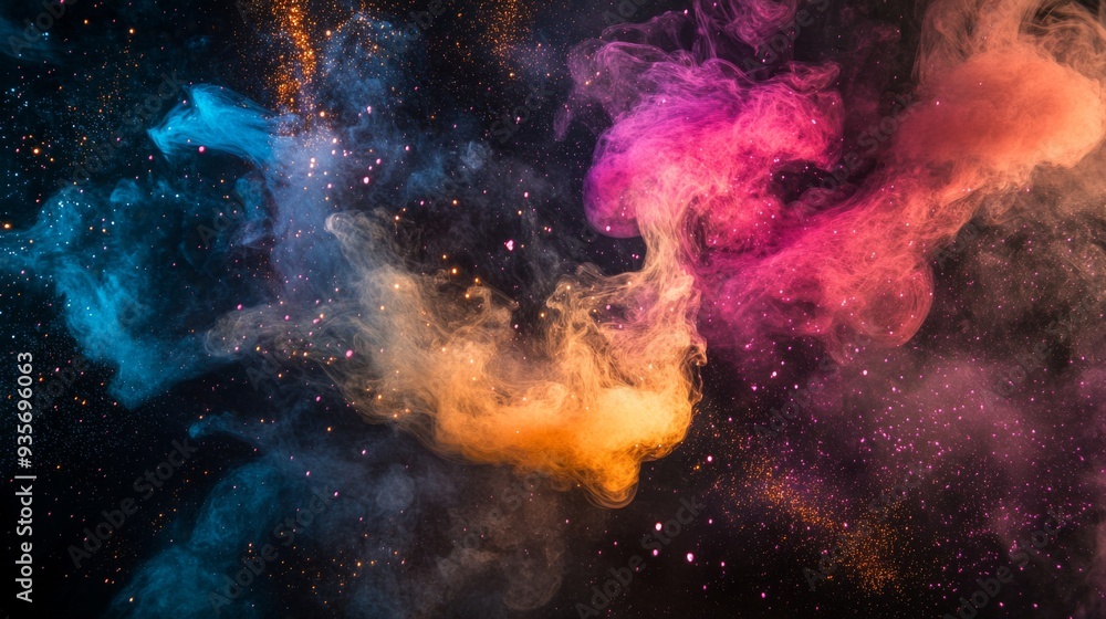 High-resolution image of smoke from a fireworks display, with colorful bursts and trails creating a dynamic visual effect High-resolution image of smoke from a fireworks display, with colorful bursts and trails creating a dynamic visual effect