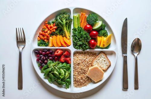 Plate divided into sections each filled with a variety of healthy foods representing a balanced diet photo