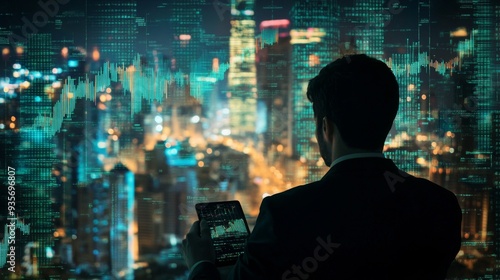 Wallpaper Mural Investor examining a stock market graph on a smartphone, with a cityscape view and office environment in the background Torontodigital.ca