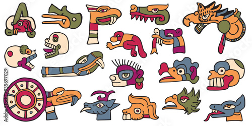 A set of tribal symbols. American style. Aztec animals style Mexican designs