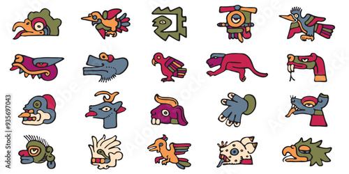 A set of tribal symbols. American style. Aztec animals style Mexican designs