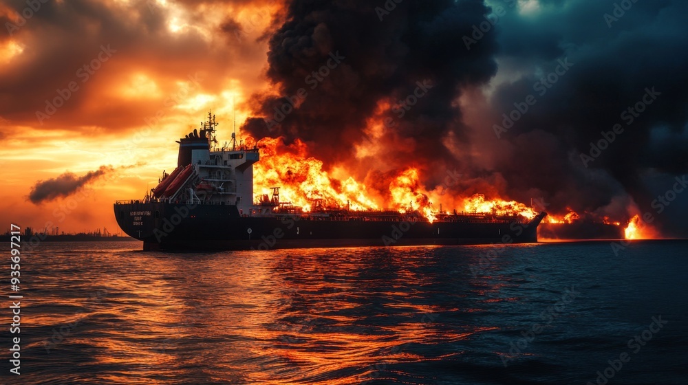 Large general cargo ship for logistic import export goods and other the explosion and had a lot of fire and smoke at sea in evening Large general cargo ship for logistic import export goods and other the explosion and had a lot of fire and smoke at sea in evening