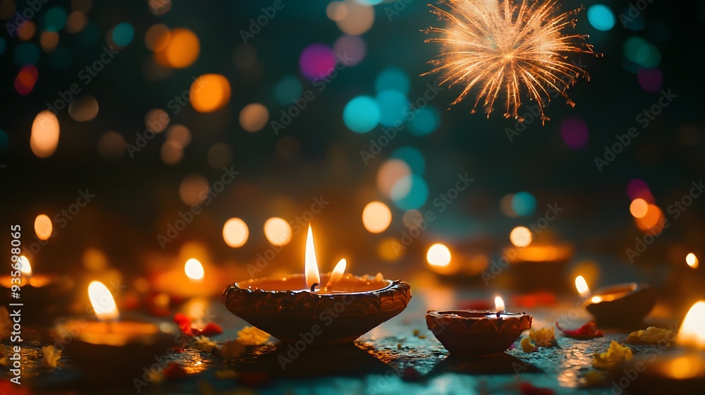 96. A festive Diwali evening with candles, lanterns, and fireworks in the sky 96. A festive Diwali evening with candles, lanterns, and fireworks in the sky