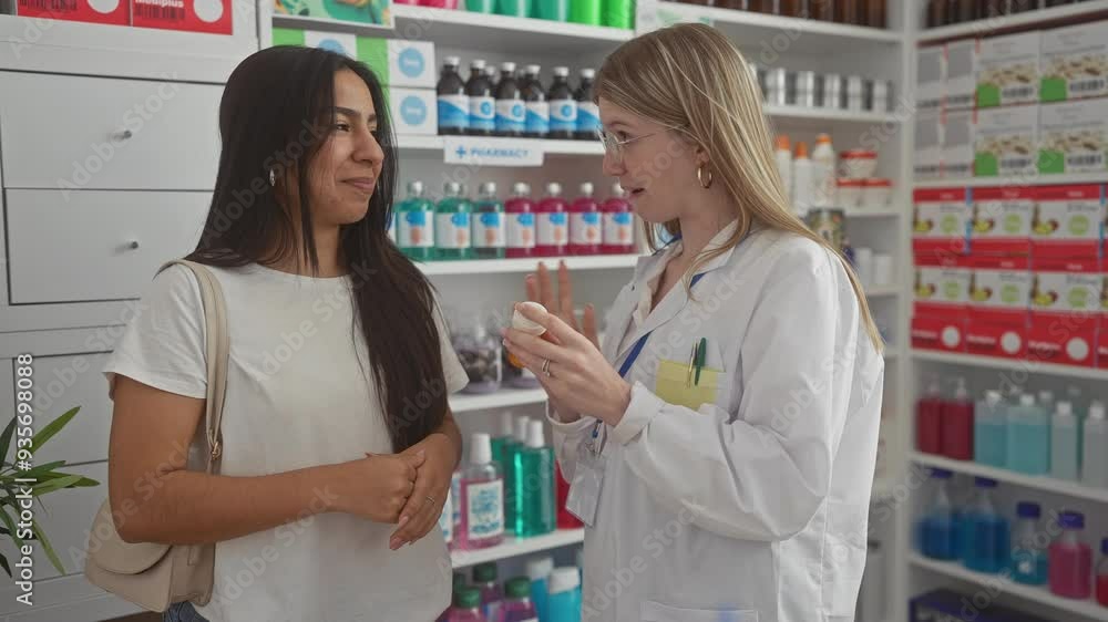 Two women conversing in a pharmacy with shelves of products visible in the background Two women conversing in a pharmacy with shelves of products visible in the background