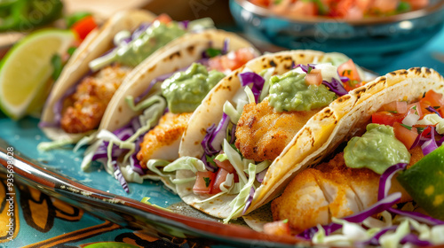 Baja fish tacos with beer-battered fillets, cabbage slaw, avocado crema, and pico de gallo on corn tortillas