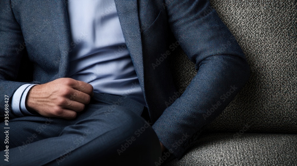 Close-up of a man's hand in a blue suit jacket and light blue shirt, sitting on a grey couch. Close-up of a man's hand in a blue suit jacket and light blue shirt, sitting on a grey couch.