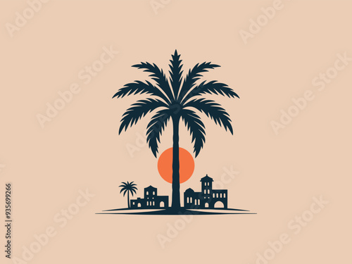 Arabian desert logo, emblem, isolated vector illustration. Houses, palm tree and sun.