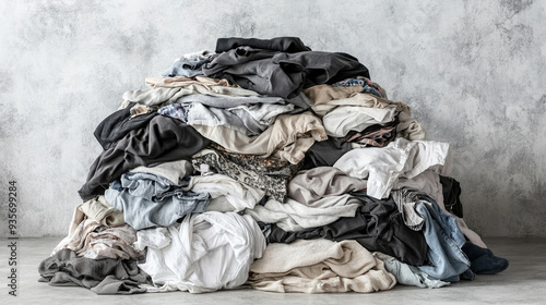 heap of assorted clothes in white, gray, and beige, casually spread on a surface, symbolizing minimalism, everyday life, and fashion simplicity