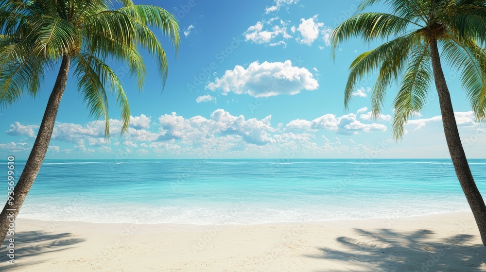 A serene beach scene with palm trees framing tranquil ocean view under bright blue sky. image evokes sense of peace and relaxation. A serene beach scene with palm trees framing tranquil ocean view under bright blue sky. image evokes sense of peace and relaxation.