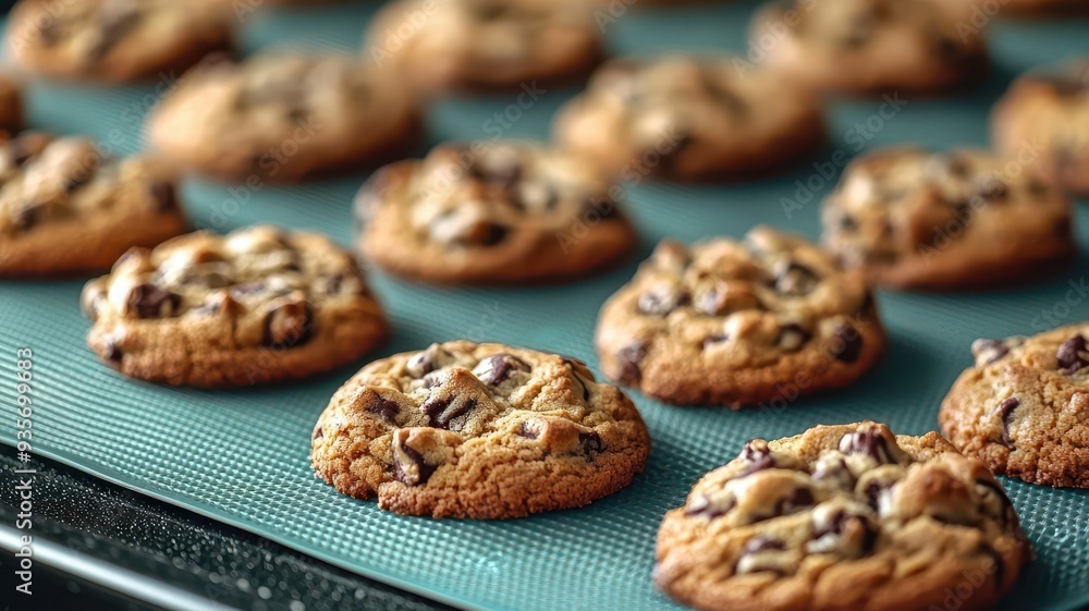 Reusable silicone baking mats, arrayed with fresh cookies Reusable silicone baking mats, arrayed with fresh cookies