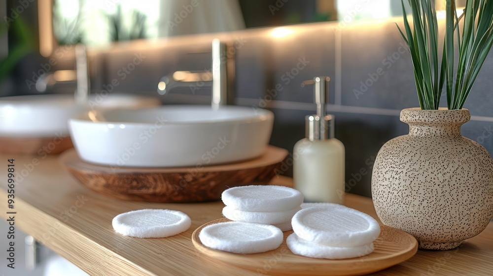 Organic cotton reusable facial rounds, in ecofriendly bathroom scene Organic cotton reusable facial rounds, in ecofriendly bathroom scene