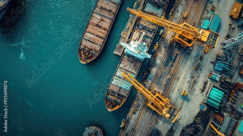 Aerial view of busy shipyard with cranes and cargo ships, showcasing industrial activity and vibrant colors. 