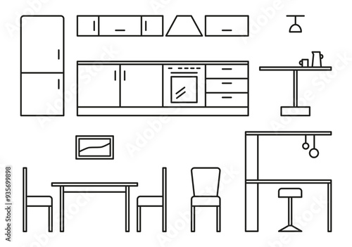 Outline Icons of Kitchen Furniture and Appliances
