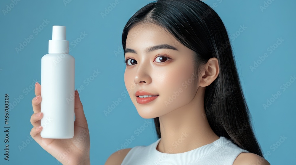 Young woman with perfect skin holding a white bottle with a spray nozzle against a light blue background. Young woman with perfect skin holding a white bottle with a spray nozzle against a light blue background.