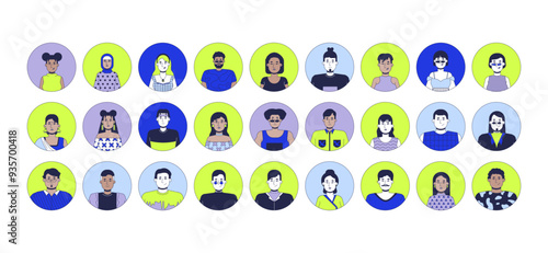 Diverse employees 2D linear vector avatars illustration set. Multicultural workers cartoon character faces portraits collection. Headshots students women, men flat color user profiles images isolated